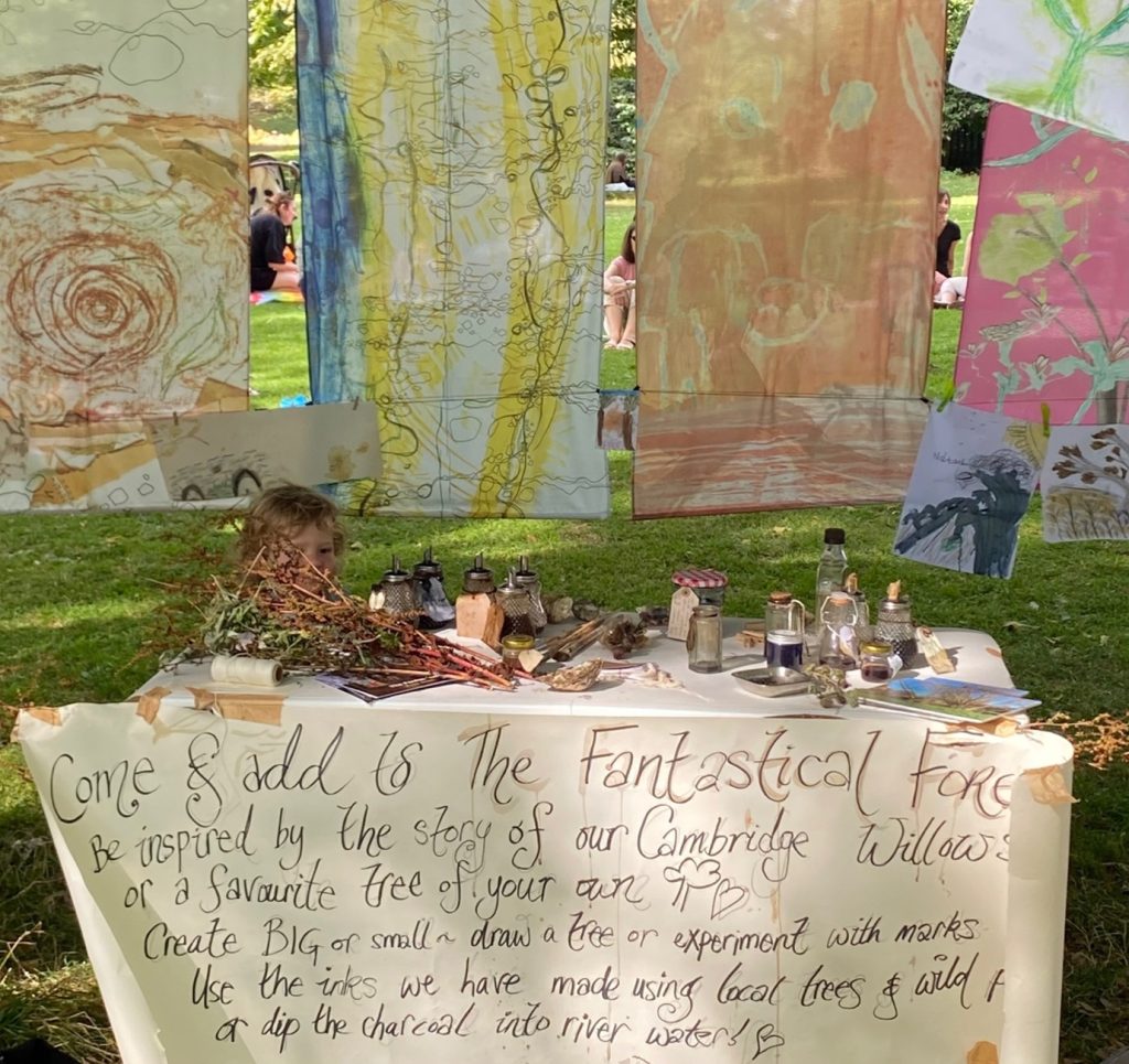 Table and banners outside