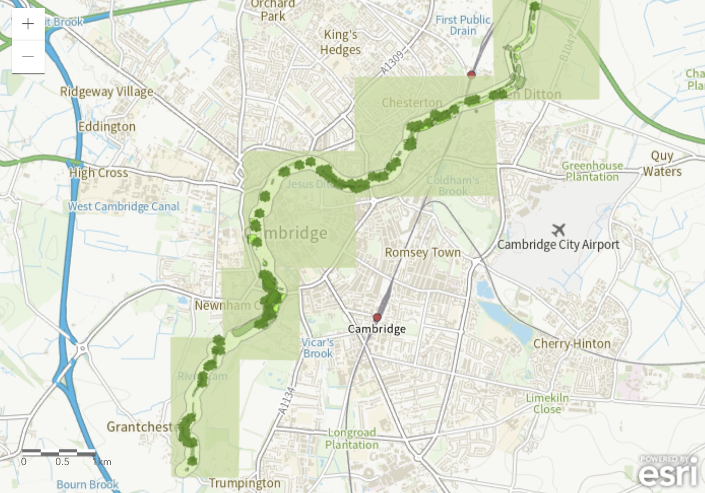 Map of the River Cam showing location of trees