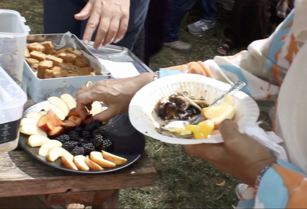 A plate of fruits at a picnic